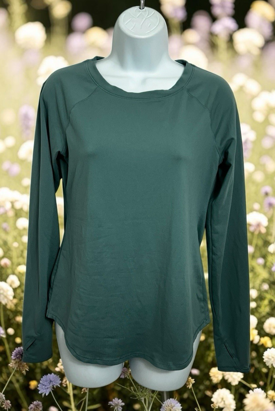 Women's All in Motion Green Top Sz XS Long-Sleeve Athletic Shirt Thumb Holes